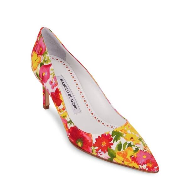 🆕 Manolo Blahnik Women's Bb Yellow Floral Print Pointed Toe Pumps Size 36.5 - Picture 1 of 8